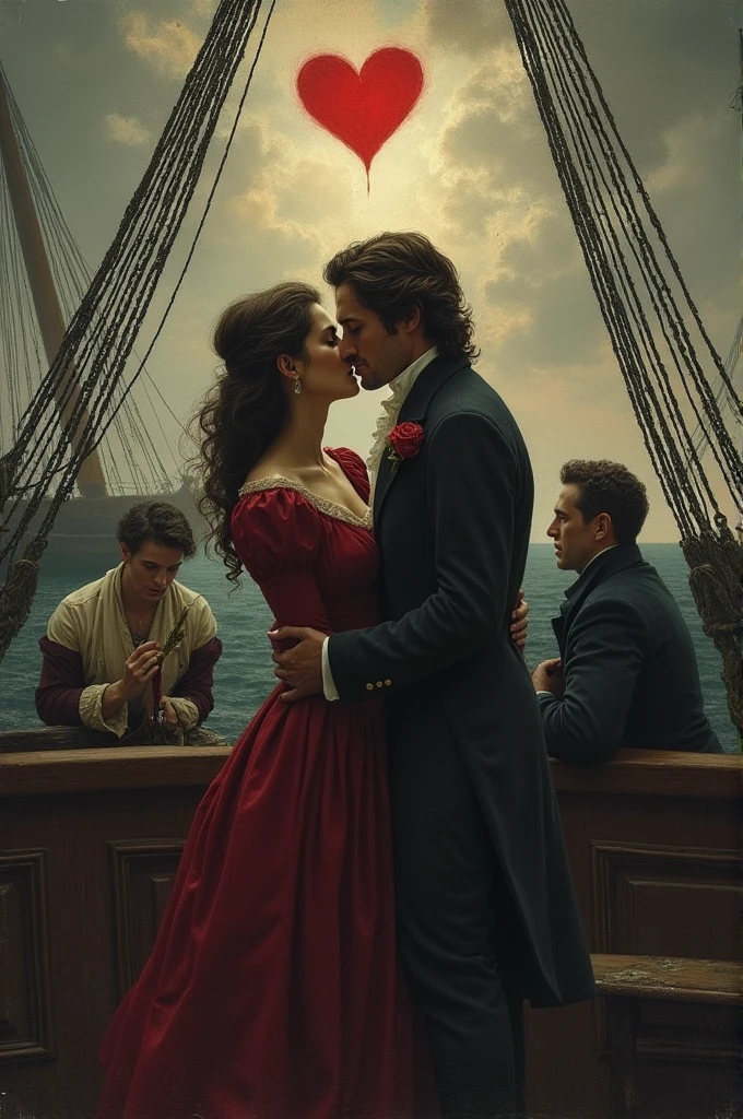 An image containing a heart, a ship with people, cholera, a love triangle