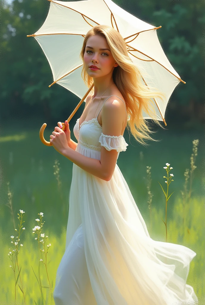 Woman with a Parasol, full body, white dress, blonde
Claude Monet style