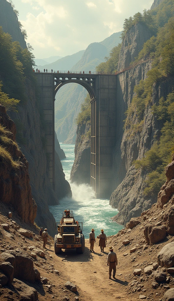 "A historical photo or drawing of an old dam construction project, showcasing the engineering work and materials used in the early stages."