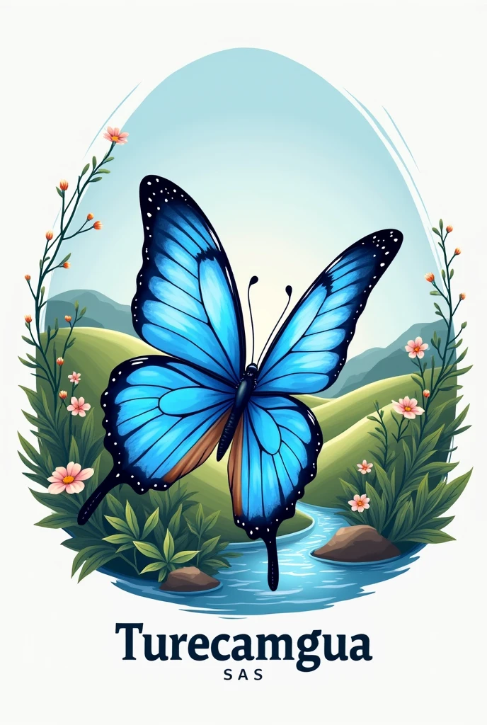 Create a logo for my company that has the following characteristics: a beautiful blue butterfly , and the name of Turecamgua Sas , a beautiful landscape that connects with the butterfly