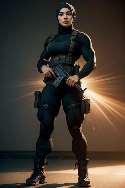 Photorealistic, high resolution, 1 malay woman in hijab, Solo, Hips up, Gaza background,view the viewer, (Detailed face), Black hijab, SWAT vests, sniper rifle handle, Black military uniform, bulletproof vest, Holding an assault rifle, M16, Inside the city of Kuala Lumpur, Very detailed, Perfect face, Black eye, jewelry, (full body view), Lifelike, masterpiece, HDR, 4K