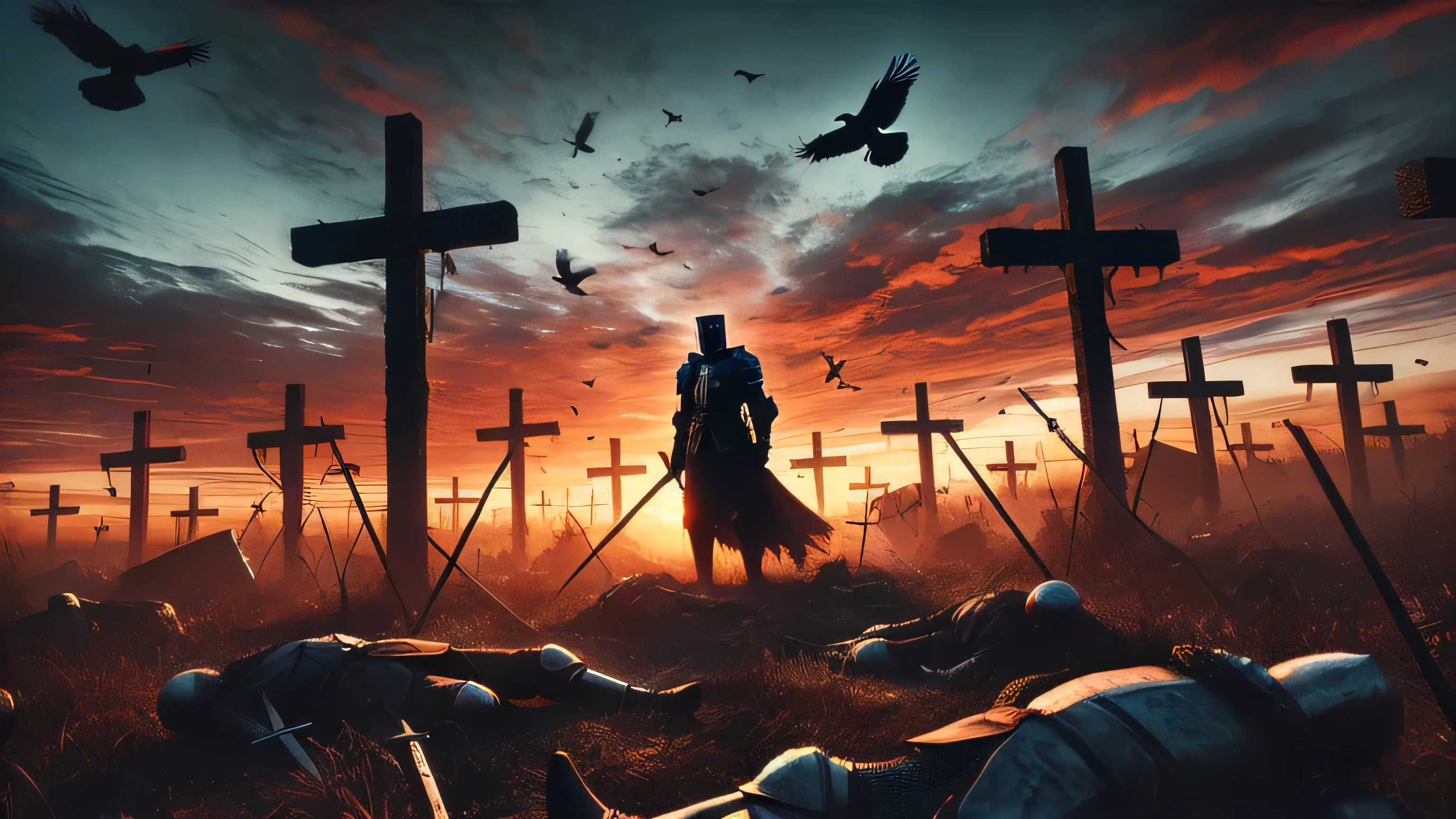 there is a man riding a horse in a field with crosses, wojtek fus, from vermintide 2 video game, medieval fantasy game art, by Ludwik Konarzewski Jr, by Ludwik Konarzewski, 4k highly detailed digital art, cinematic 4k wallpaper, cinematic 4 k wallpaper, guillem h. pongiluppi