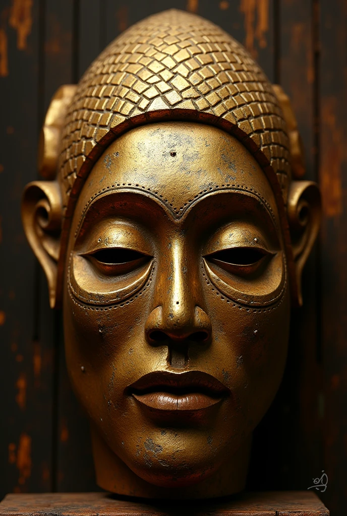 A brass sculpture by JDS of an Oron head, featuring intricate details and textures of the traditional Nigerian tribal mask. The sculpture is highly detailed, with a focus on the distinctive facial features and patterns of the Oron people. The lighting style is dramatic, with shadows and highlights emphasizing the sculpture's contours and textures. warm and rich color palette. The adapted composition highlights the sculpture's bold and powerful presence, trending on DeviantArt, brass sculpture technique, tribal background, by JDS.