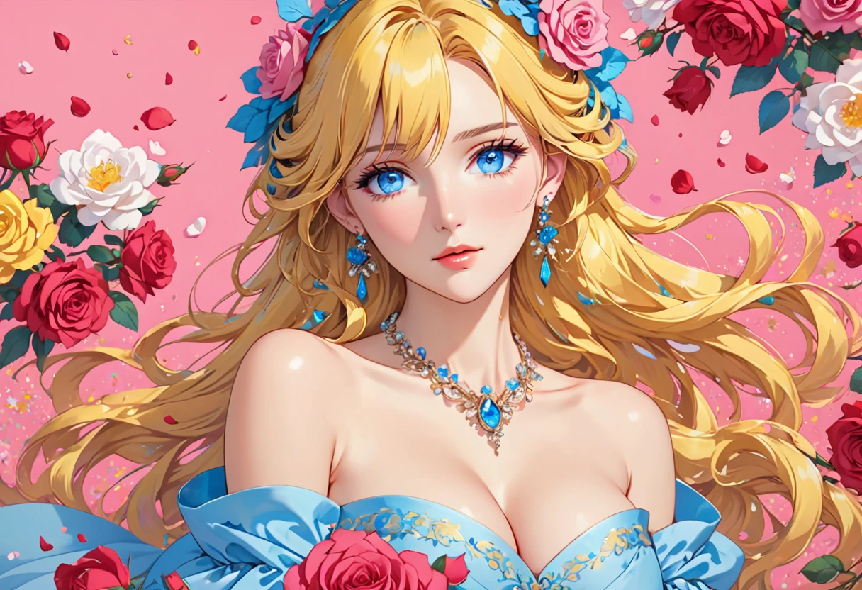 an anime female dressed like a princess with roses all around her on a bright pink background, 1girl, solo, breasts, jewelry, earrings, flower, cleavage, blue eyes, long hair, looking at viewer, parted lips, collarbone, bare shoulders, petals, yellow hair