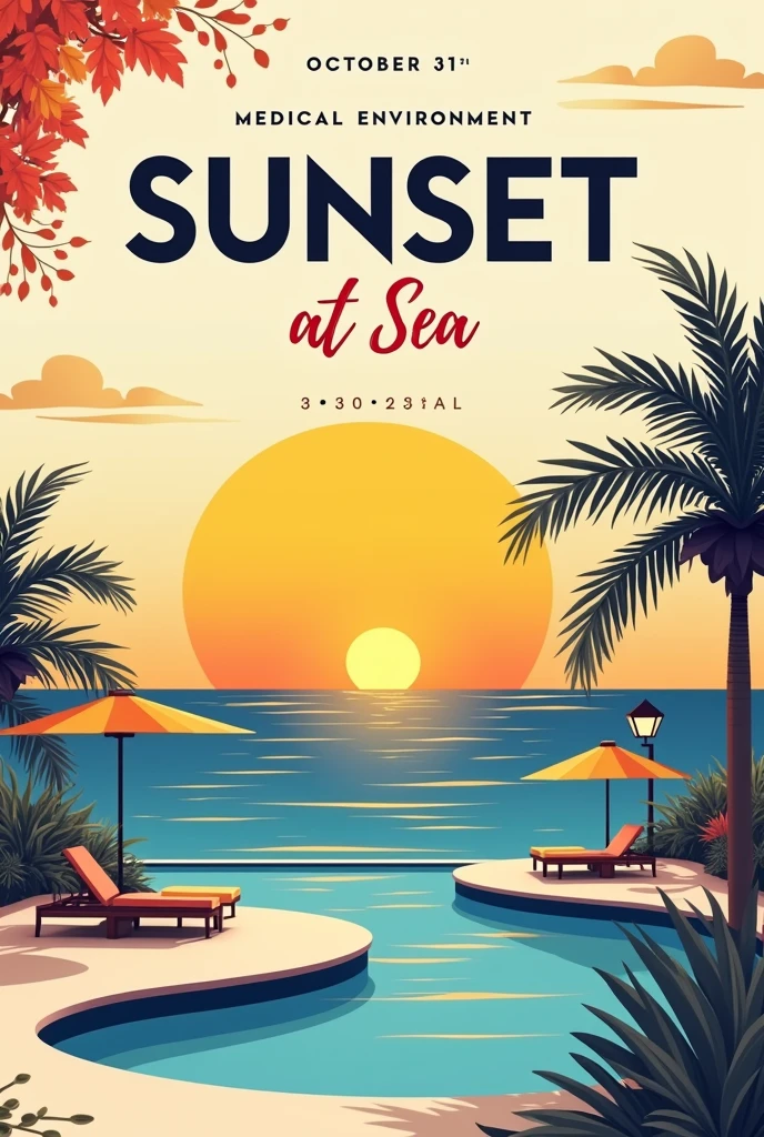 - Sunset Party Flyer - Title: Sunset at Sea - Subtitle: Medical Environment - Local: Sea Rooftop
- Data : 31/10 - Schedule: 16:30 - Palette: offwhite, yellow, orange, blue - Style: fancy invitation, new year vibes, beachfront, sunset - Lyrics font: chic, Italics in title, capitalize the subtitle - It doesn't have to be fancy or too colorful, not even with many drawings