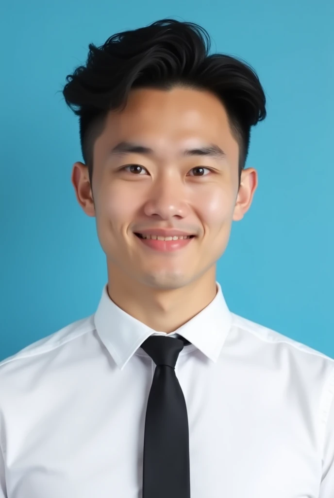 handsome young male passport photo, white shirt and black tie, short hair slightly curly neatly arranged, blue background