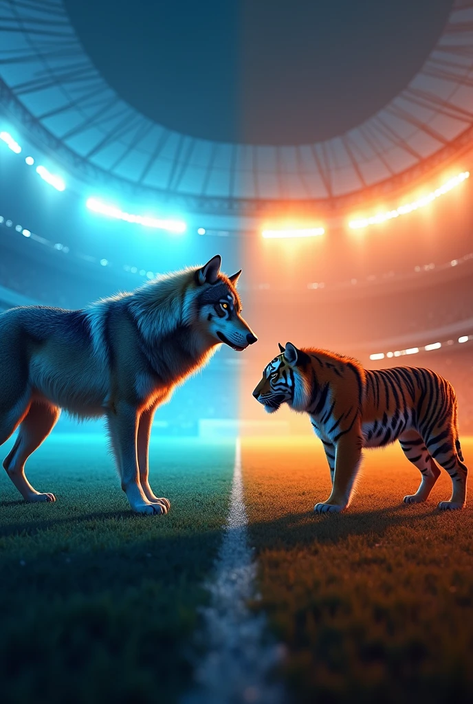 
"A modern, ultra-high-definition (4K) football stadium. On the left side, a large and imposing wolf stares intensely at a tiger on the right side. The wolf dominates the scene with its full body visible, while the tiger is depicted with only its head and front paws emerging from the edge of a banner. The wolf's side of the stadium is illuminated with a vibrant crystal blue, while the tiger's side glows with a fiery orange. The colors are sharply divided down the middle, adding tension and energy to this epic confrontation in a sleek, futuristic stadium."