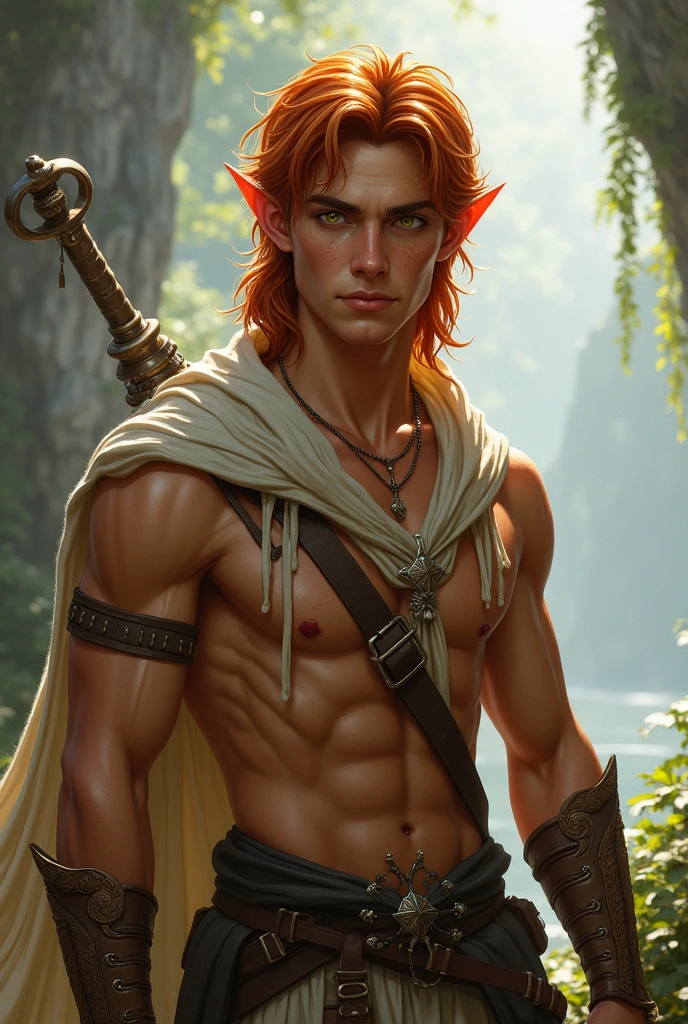 high elf, young adult male, skin tanned, copper colored hair, golden eyes with freckles. Profile for RPG