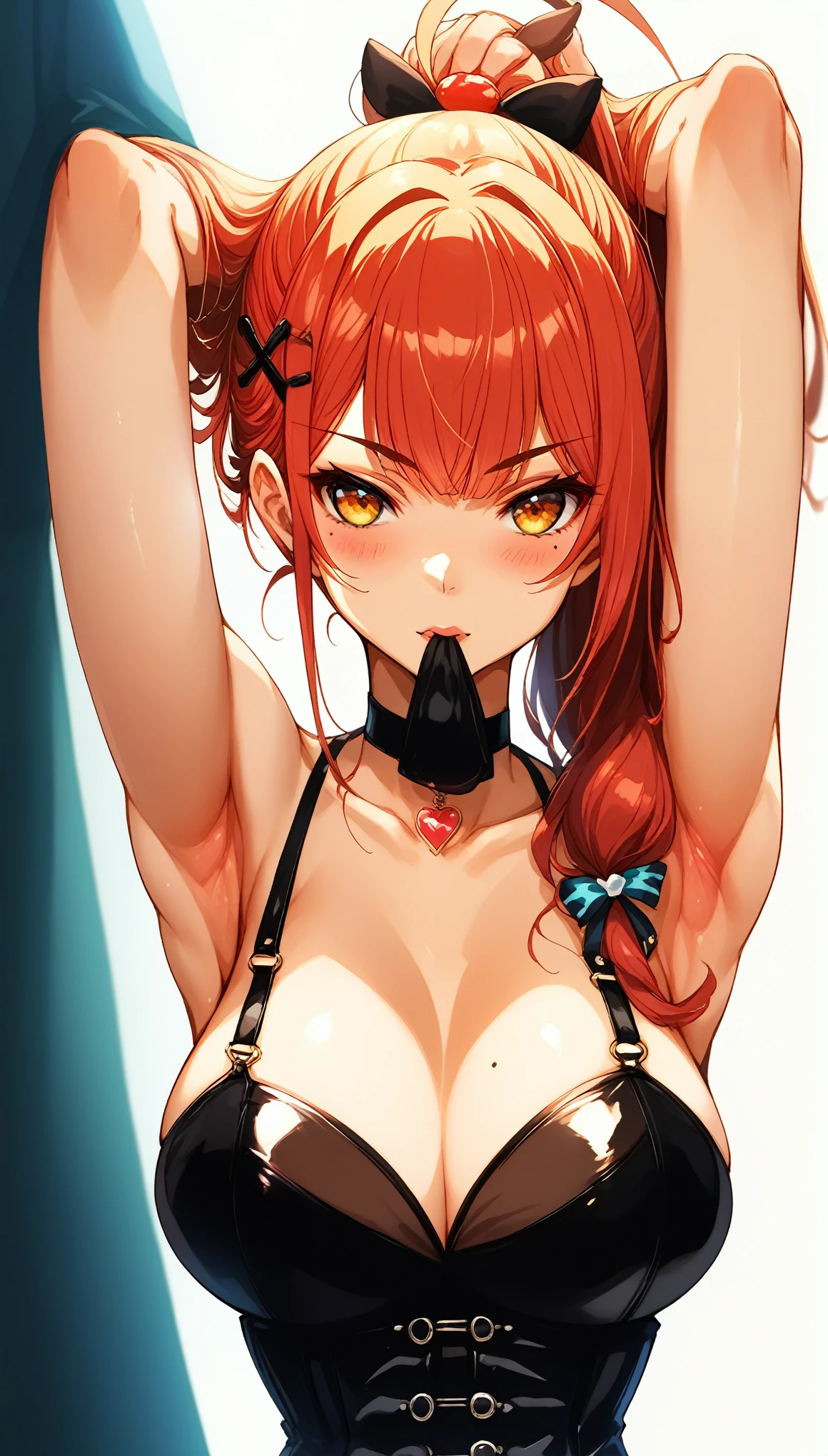 (score_9,score_8,score_7_up,score_6_up),kurokawa akane,1girl,(score_9, score_8_up:1.1),score_7_up,Th1sUs3r
BREAK
yunon_oto_mad,nijisanji,sukoya_kana,sukoya_kana_(5th_costume),absurdres highres,1girl,adjusting_hair,ahoge armpits,arms_behind_head,arms_up,asymmetrical_bangs,black_choker,black_corset,blush breasts,choker cleavage,corset dress,embroidered,embroidery eyes_visible_through_hair,frilled_corset,frills hair_lift,hair_ornament,hair_over_one_eye,hair_tie hair_tie_in_mouth,hairdressing,hand_in_own_hair,
BREAK
hands_in_hair holding,holding_own_hair,jewelry,large_breasts,long_hair,looking_at_viewer,mole,mole_under_eye,mouth_hold,pendant_choker,ponytail,ribbon,ribbon_in_mouth,rubber_band,see-through,see-through_dress,simple_background,solo,tying_hair,virtual_youtuber x x_hair_ornament