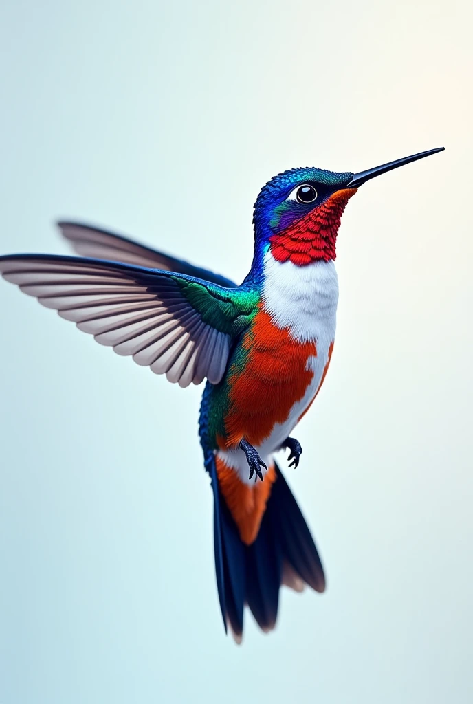 Create an online store website image called Comprana with a blue-headed hummingbird, red wings, and white chest. It must be in horizontal or cellular format 