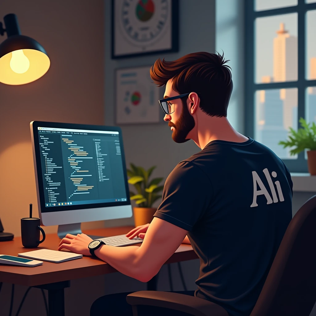 Software developer using computer and Laptop in his well architect room
He is A Lean bodybuilder wearing glasses and Black T shirt and backside of it "Ali" is written
(Back side view)
(Image should be Animated type)
