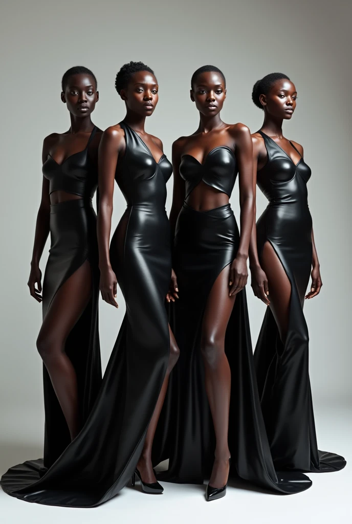 4 dark skin fashion female models wearing an asymmetric dress