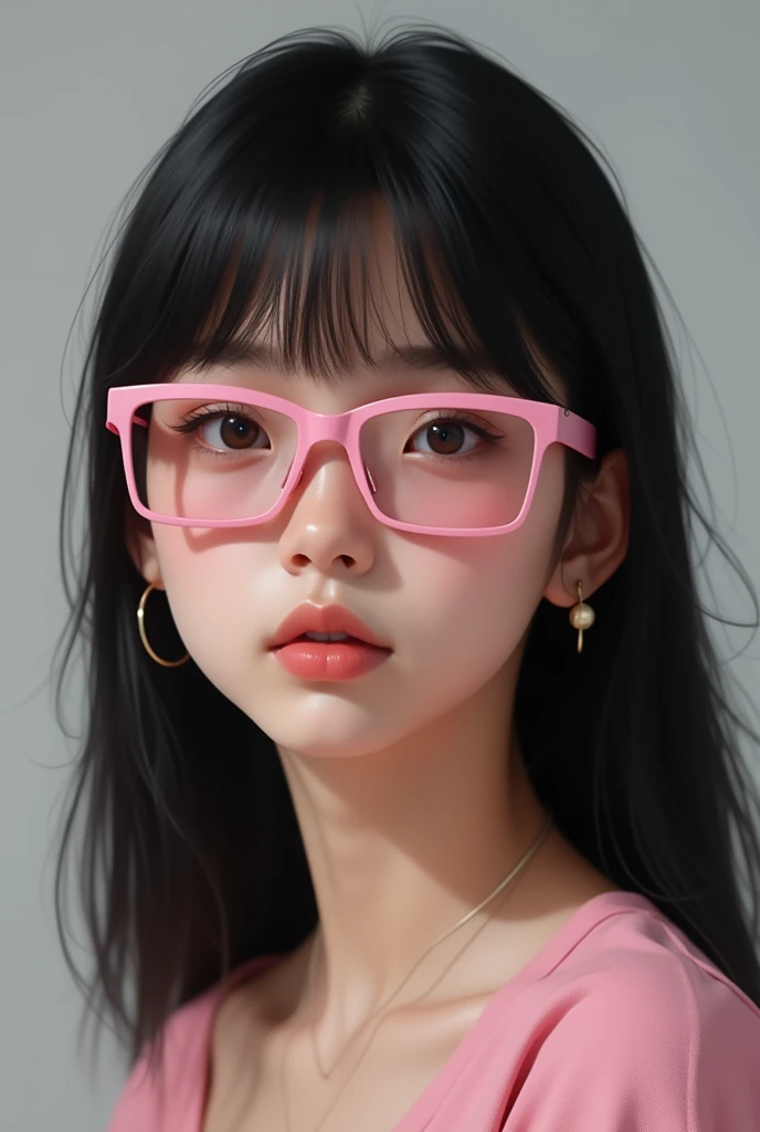 White skinned girl with straight black hair and pink rectangular glasses with Latina eyes