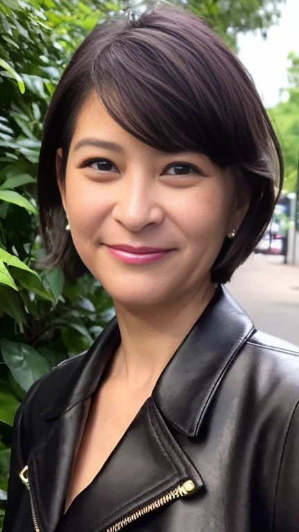最high quality, 8k, Vibrant, Sharp focus, high quality, High resolution, Middle-aged women, Mature Woman, 5, (Whole Body Ezbian), (High heels face detail, Highly detailed eyes, ((big 1.6))、((Black leather clothing))、garden、Random Hairstyles、A kind smile、Very short hair、
