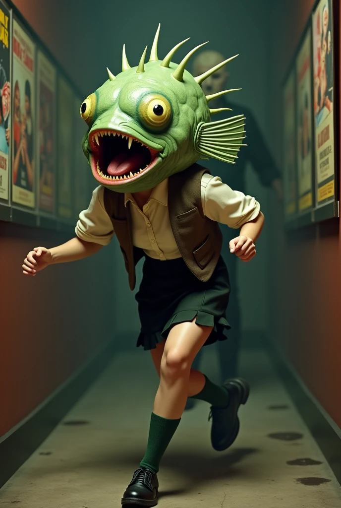 ((Highest quality)), ((photorealistic, hyperrealistic photo, portrait)), (front), (Screaming Pufferfish:1.6), (The upper half of the pufferfish is green.), (Short sleeves), ((No hair)), (The Kusafugu has 20% of the facial features of a human female.), (horror movie posters:1.5), ((Jason:1.8)), (クサフグ対Jason), A pufferfish with a very realistic head, A woman with a human body, オフホワイトで襟付きのShort sleevesシャツに薄茶色のベストを着てひざ丈の黒いスカートに濃い緑色の短い靴下と黒の靴を履いてる, Jasonに追われて全力で走っている, Photorealistic images,