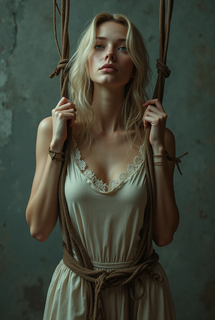 Stwórz piekną dziewczynę w bląd włosach i błękitnych oczach. Who is tied by the hands at the top. She is weak and battered.