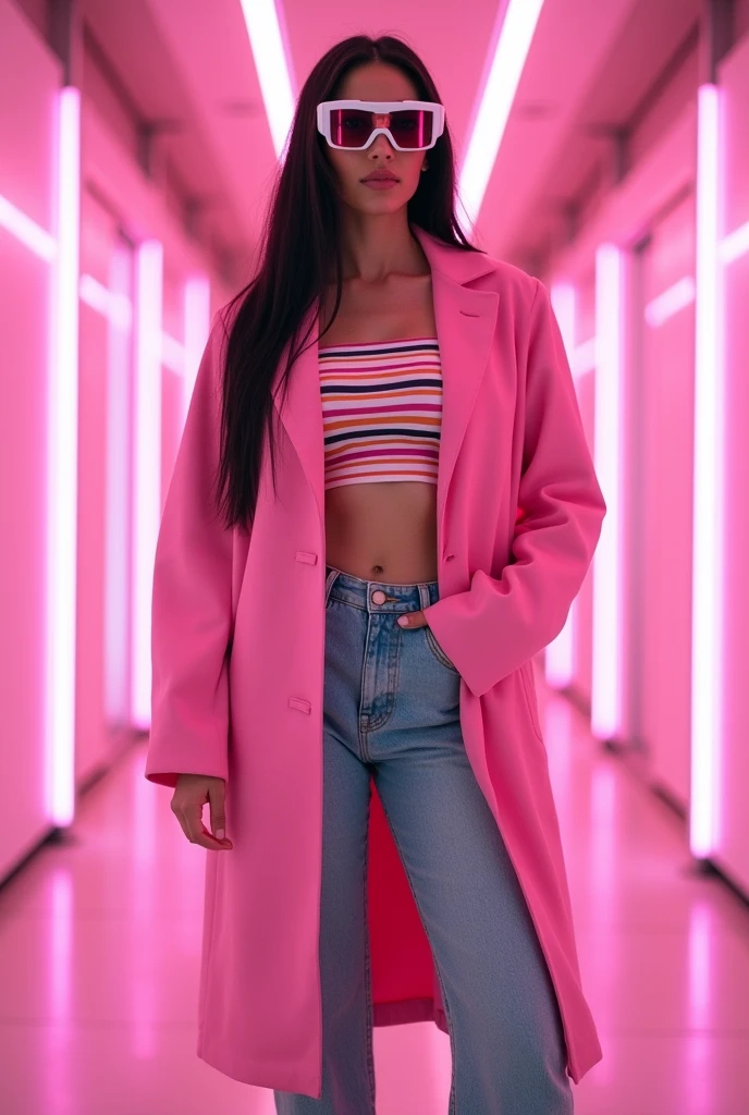 "Full-body hyper-realistic portrait of a stylish woman with long, sleek black hair, wearing white futuristic sunglasses, a pink overcoat, a striped crop top, light blue jeans, and chunky pink sneakers. Her expression is cool and composed, exuding confidence. The background is a futuristic corridor filled with pink neon lighting, which perfectly matches the bold colors of her outfit. The lighting is designed to create sharp contrasts, with the pink neon reflecting off her sunglasses and coat, giving a vibrant and modern feel. The color palette is dominated by pink, white, and light blue. Shot in ultra-high resolution, 8K, with cinematic lighting that captures every detail with stunning clarity."
