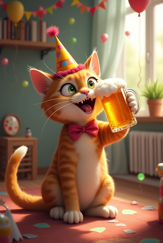 A cat celebrating her birthday with a beer