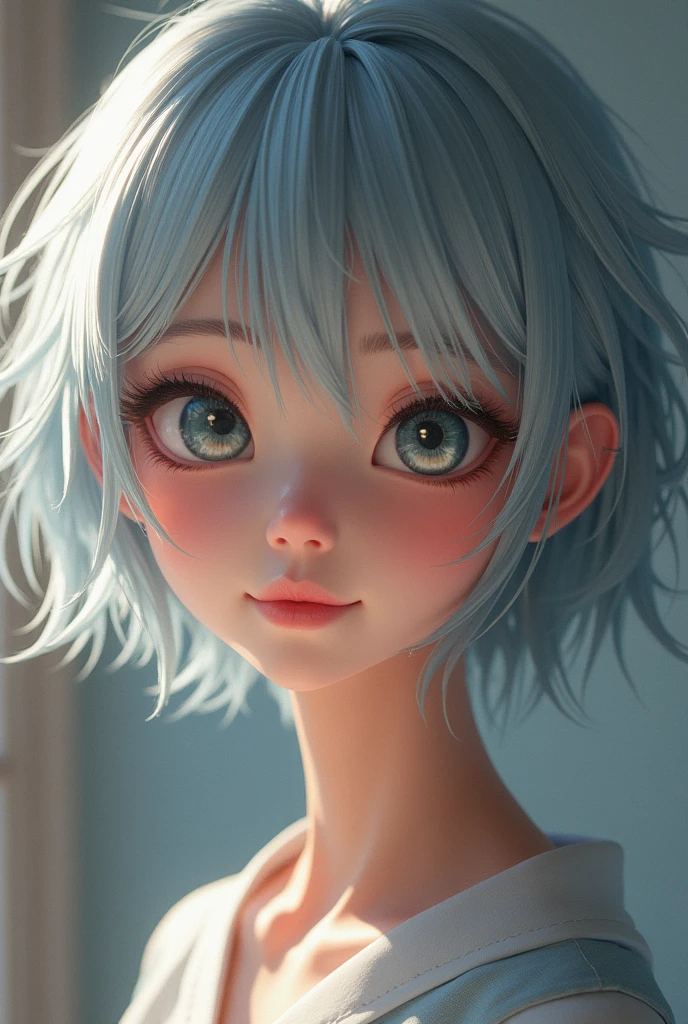 a beautiful young half japanese half Nordic girl,large expressive eyes,dorrpy eyes,beautiful detailed eyes,charming eyes,extremely detailed and beautiful face,(charming smile:1.0),flawless transparent skin,ultra short hair,silver hair,(highschool uniform,masterpiece,high resolution,photorealistic,realistic,extremely detailed:2.0),detailed description,vivid colors,studio lighting,physically-based rendering,intricate detail