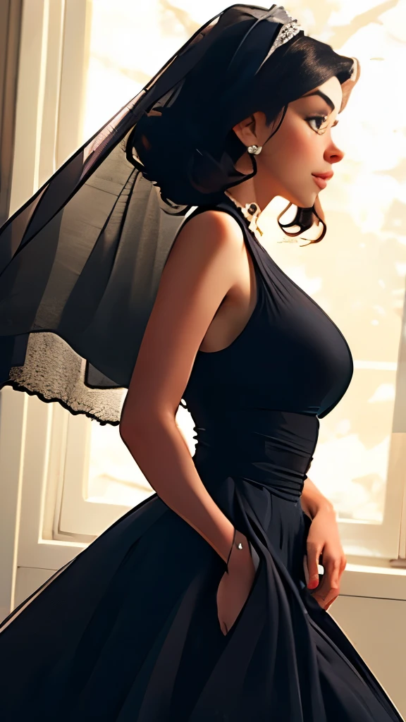 araffe woman in a black dress and veil with a black purse, a photo by Silvia Pelissero, tumblr, aestheticism, stunning elegant pose, cute elegant pose, elegant profile pose, looks like audrey hepburn, black dress, dressed in black, black gown, elegant posed, an elegant woman in black dress, stunning elegant, dressed in black velvet