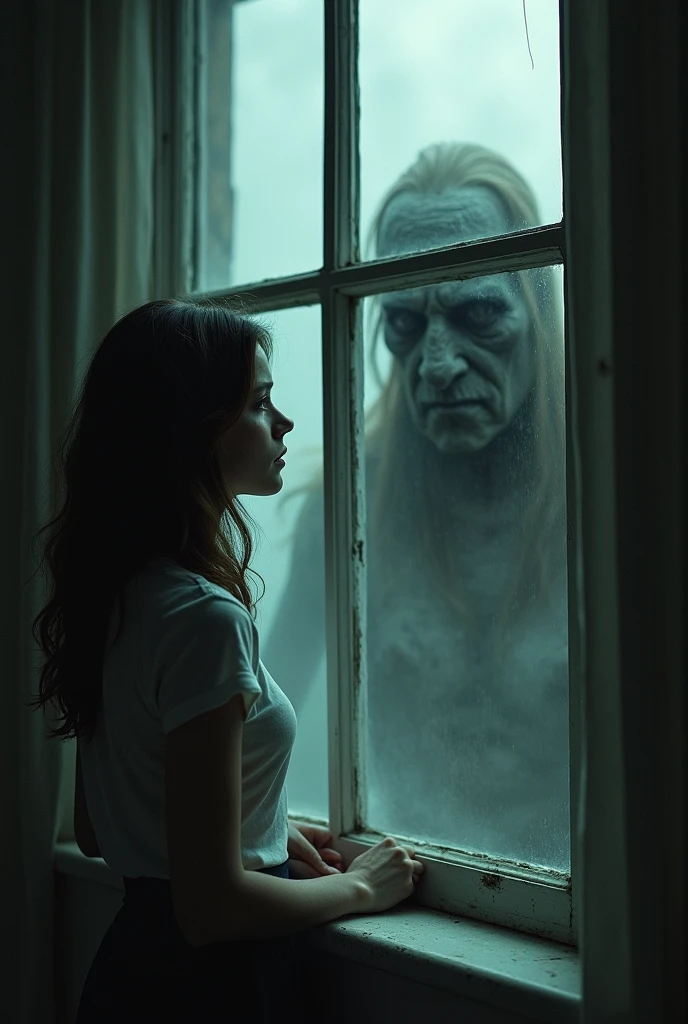 A woman looking at the window and see a reflection of a scary creature 