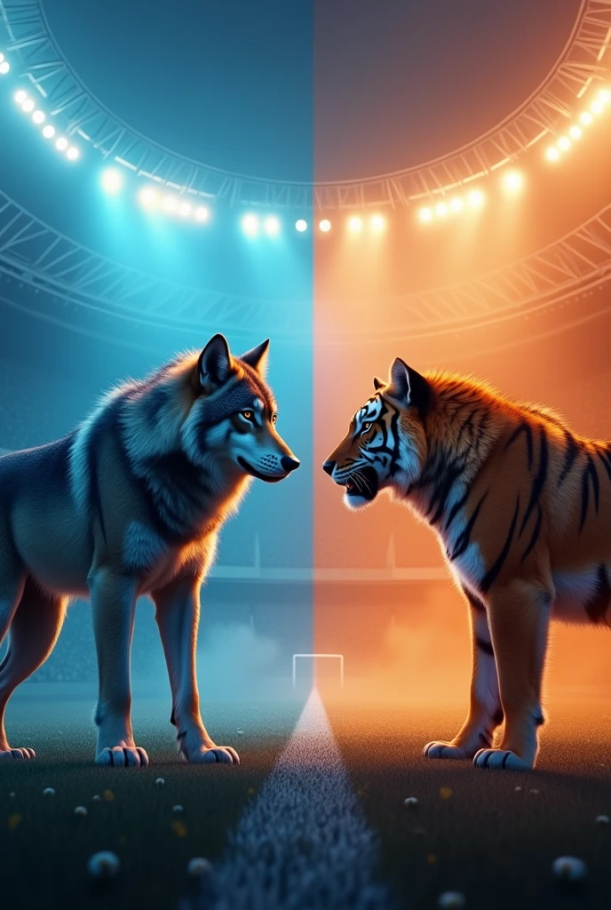 
"A modern, ultra-high-definition (4K) football stadium. On the left side, a large and imposing wolf stares intensely at a tiger on the right side. The wolf dominates the scene with its full body visible, while the tiger is depicted with only its head and front paws emerging from the edge of a banner. The wolf's side of the stadium is illuminated with a vibrant crystal blue, while the tiger's side glows with a fiery orange. The colors are sharply divided down the middle, adding tension and energy to this epic confrontation in a sleek, futuristic stadium."