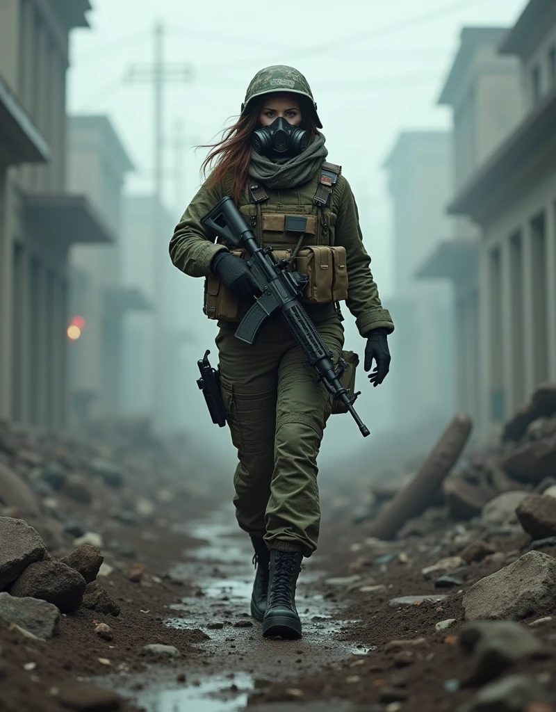 (Photorealism:1.2), beautiful armed woman, A female soldier wearing a gas mask patrols a fog-filled ruin.