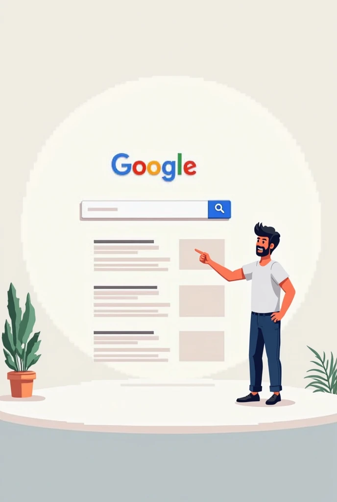 A pixel art style image, representing a Google search page. The page is open in the browser, with the search bar at the top and the search results just below. The results are represented by simple rectangles, mimicking links and short descriptions.
On the right side of the image, a person in pixel art is standing, pointing with your right index finger to the top of the search page. The person wears simple clothes, like a t-shirt and pants, and has an expression of enthusiasm or confidence. The hand pointing to the top of the page highlights the importance of being well positioned in search results.
THE BACKGROUND IS SIMPLE, sem muitos detalhes, keeping the focus on the search page and the person indicating it. The color palette should be clear, with tones reminiscent of the Google interface, to create a pleasing visual contrast and highlight the image's message.