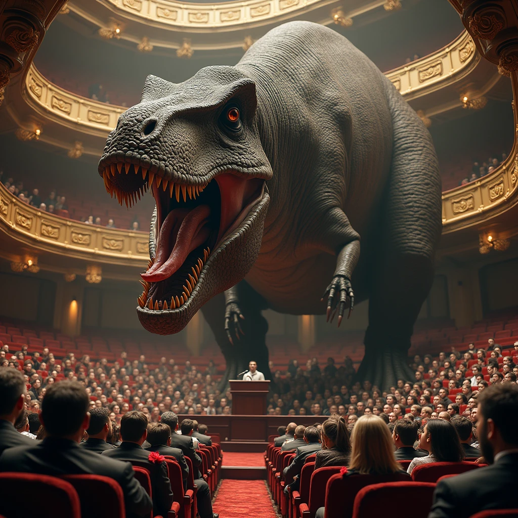Create an image of the audience turned into a Tyrannosaurus Rex that wants to devour even lectures that are scared to death, the background is a beautiful auditorium where a presentation of oratory and storytelling can be seen.
Be very creative and make sure that the entire scene you are looking for is visible.