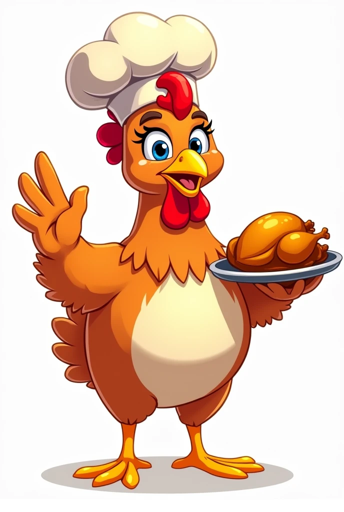 Create a logo mascot for a roast chicken delivery company in Sorriso. The mascot should be a friendly and cheerful chicken wearing a chef&#39;s hat., holding a delicious golden roast chicken on a tray.And with her other hand she must be waving, The chicken must have a welcoming smile, bright eyes and be designed in a way that is both playful and professional, attractive to families, O design geral deve ser simples, easily recognizable and suitable for use in packaging, signage and online platforms. The main color of the chicken should be brown