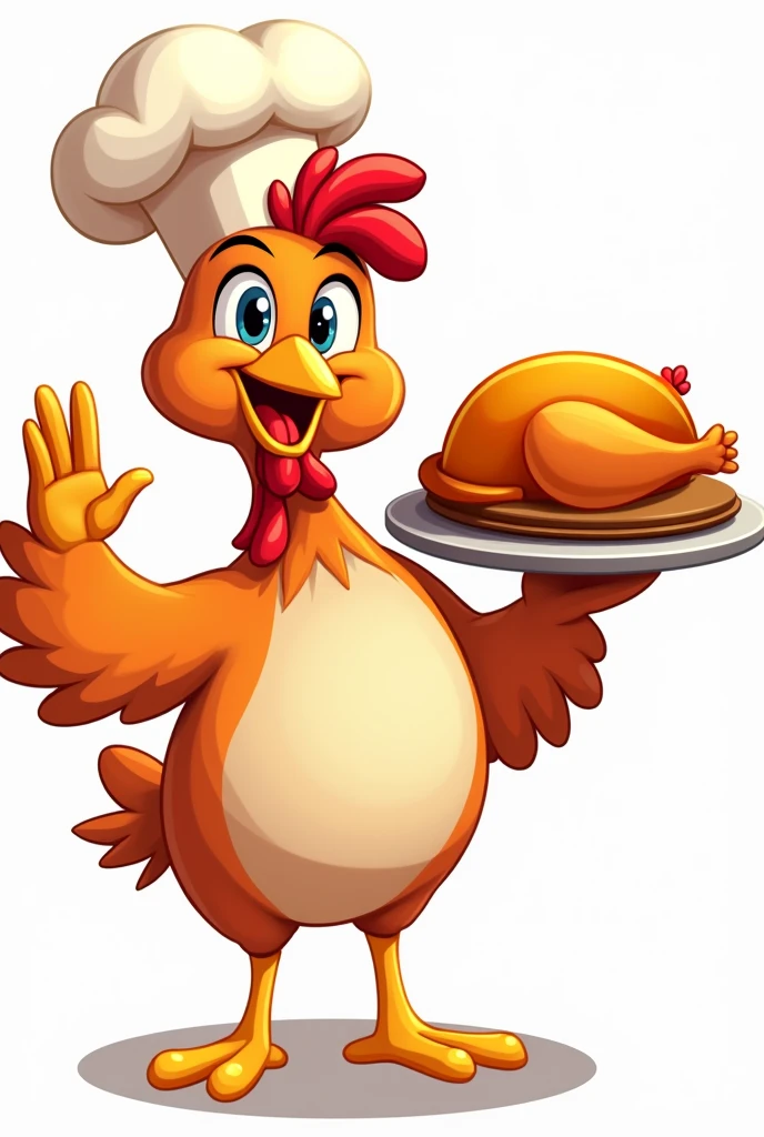 Create a logo mascot for a roast chicken delivery company in Sorriso. The mascot should be a friendly and cheerful chicken wearing a chef's hat., holding a delicious golden roast chicken on a tray.And with her other hand she must be waving, The chicken must have a welcoming smile, bright eyes and be designed in a way that is both playful and professional, attractive to families, O design geral deve ser simples, easily recognizable and suitable for use in packaging, signage and online platforms. The main color of the chicken should be brown