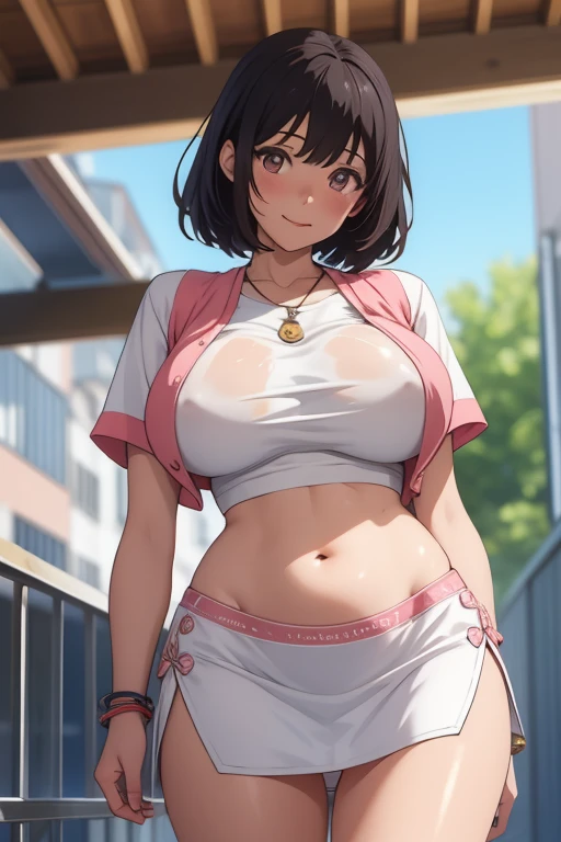 32K, master piece, g, unit, 8k, Wallpaper, of the highest quality, masterpiece, 1 girl, kotonedef, black hair, brown eyes, short hair, best details, Shiny black hair, smile, dynamic pose, (media: 1.5), thighs, sexy, better lighting, complex students, complex textile, realistic skin texture, detailed background, low angle, View from below looking at the viewer, detailed eyes, , tits, marked nipples, crystal clear eyes,  big breasts, Defined tabs, lined eyes, wearing a blue pencil miniskirt, white panties, bracelet, sexy,(Wet), Pink T-shirt with visible belly button,  Curvy body, from above, blush, blushizada,  (On a colonial style street with quarry stones, blue sky, daylight), 