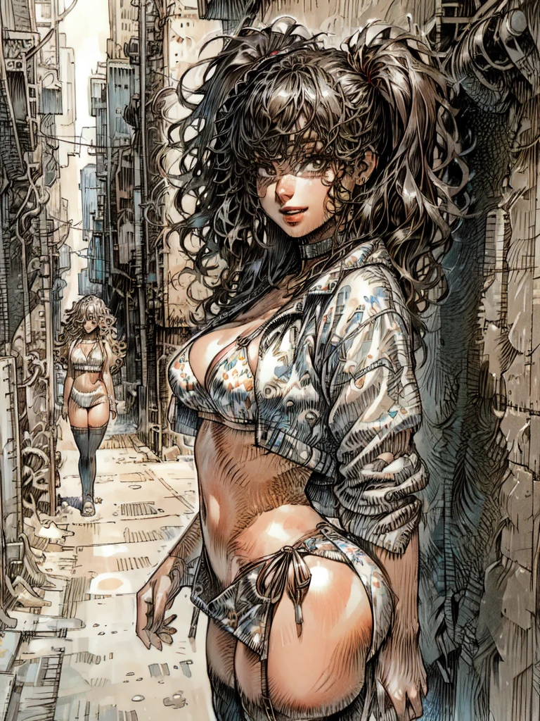 3/4 body illustration,voluptuous model,jrpg style,slim fit body,nice ,realism,(best quality,4k,8k,highres,masterpiece:1.2),(ultra-detailed,photorealistic:1.37),studio lighting,sharp focus,physically-based rendering,digital art, (woman, wavy hair, twintails, asymmetrical bangs, printed micro bikini top, jacket, miniskirt, thighhighs, choker, smile, parted lips, cute look), (standing at the city alley with elaborate details, city streets in background, late evening)