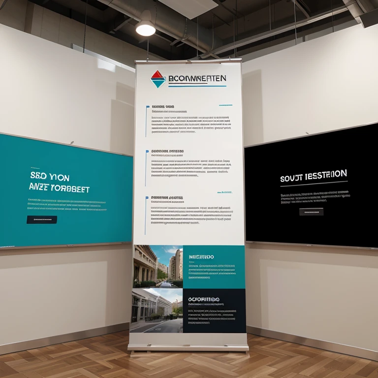 Architecture. Interior design. Commercial project with launch marketing banner. Infographics on panel. Showcase.