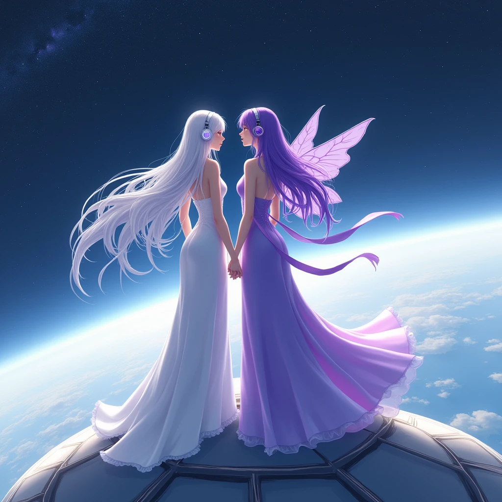 A woman with long white hair,she will wear a long white dress,and a woman with purple hair,She will wear a very long purple dress and headphones ,They will be holding hands like friends,They will be standing with their backs turned on top of a satellite in space,I want the one with purple hair to have butterfly wings