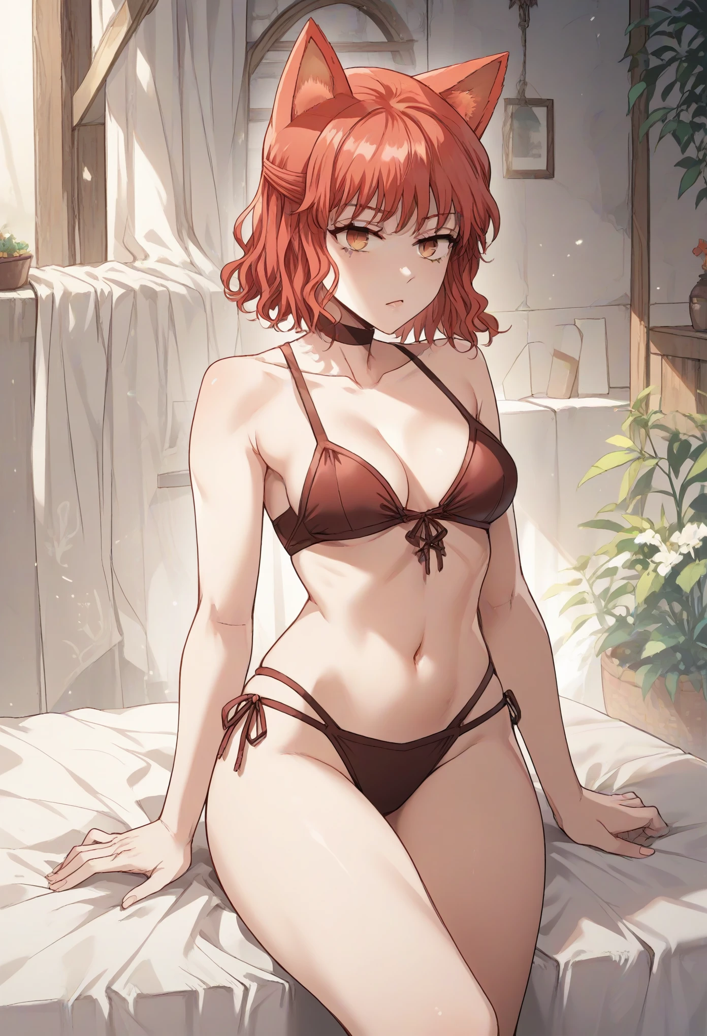 MisshaKarlstein, cat woman, red eyes, red hair, short hair,bikini