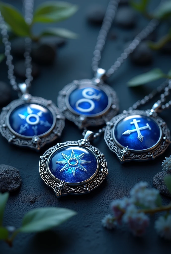 (Photorealism: 1.2), 5 Powerful Wicca Pendant Style Amulets, Deep Blue and Silver, Mystical and Each Amulet Has a Zodiac Sign