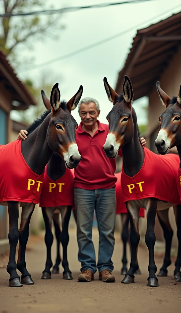 an image with several donkeys wearing red shirts with the initials 'PT' printed on the chest.In the center of the scene, include a man with similar characteristics to President Lula, dressed in casual clothes. The man must be interacting with the donkeys in some way., as if talking or caressing them. The background can be a simple scene, in the middle of the favela