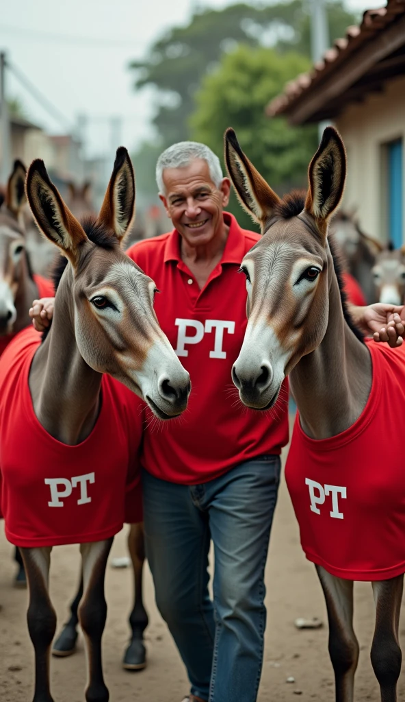 an image with several donkeys wearing red shirts with the initials &#39;PT&#39; printed on the chest.In the center of the scene, include a man with similar characteristics to President Lula, dressed in casual clothes. The man must be interacting with the donkeys in some way., as if talking or caressing them. The background can be a simple scene, in the middle of the favela