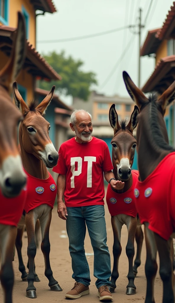 an image with several donkeys wearing red shirts with the initials 'PT' printed on the chest.In the center of the scene, include a man with similar characteristics to President Lula, dressed in casual clothes. The man must be interacting with the donkeys in some way., as if talking or caressing them. The background can be a simple scene, in the middle of the favela
