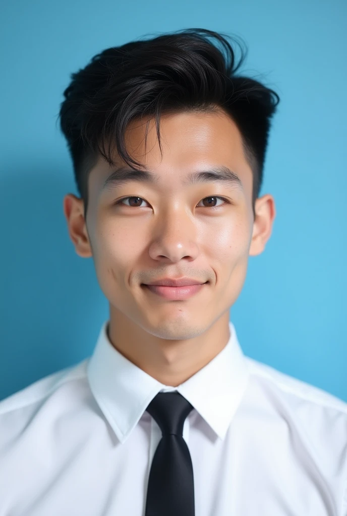young male passport photo, white shirt and black tie, short hair slightly curly neatly arranged, blue background