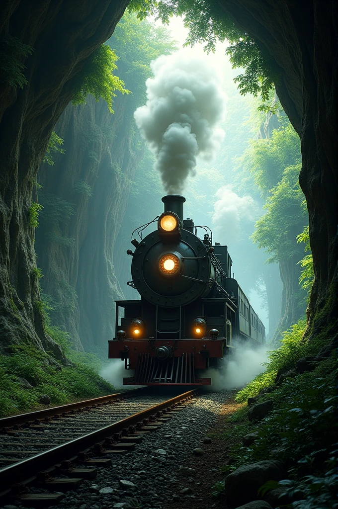A train passing by forest cave