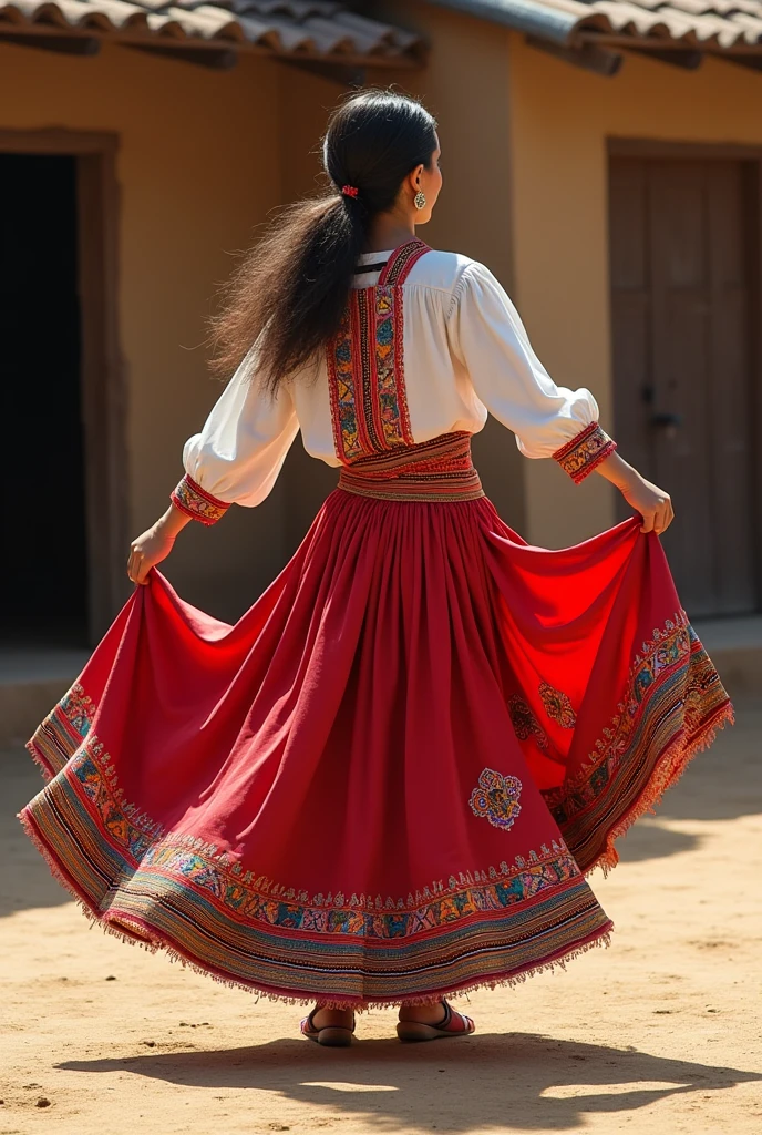 Create an outfit that is typical of the Beni taquirari dance with a long skirt and fewer accessories. 