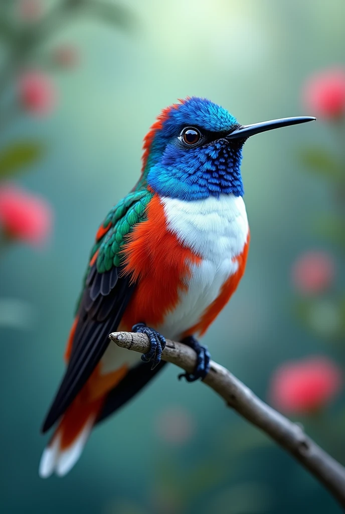 Create an online store image called Comprana with a blue-headed hummingbird, red wings, and white chest. It must be in horizontal or cellular format 