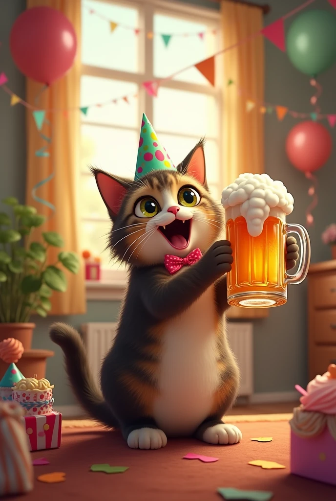 A cat celebrating her birthday with a beer