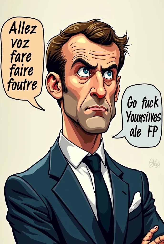 EMMANUEL macron arogant en roi dit dans une bulle, ecrire : "Allez vous faire foutre le RN et le NFP"