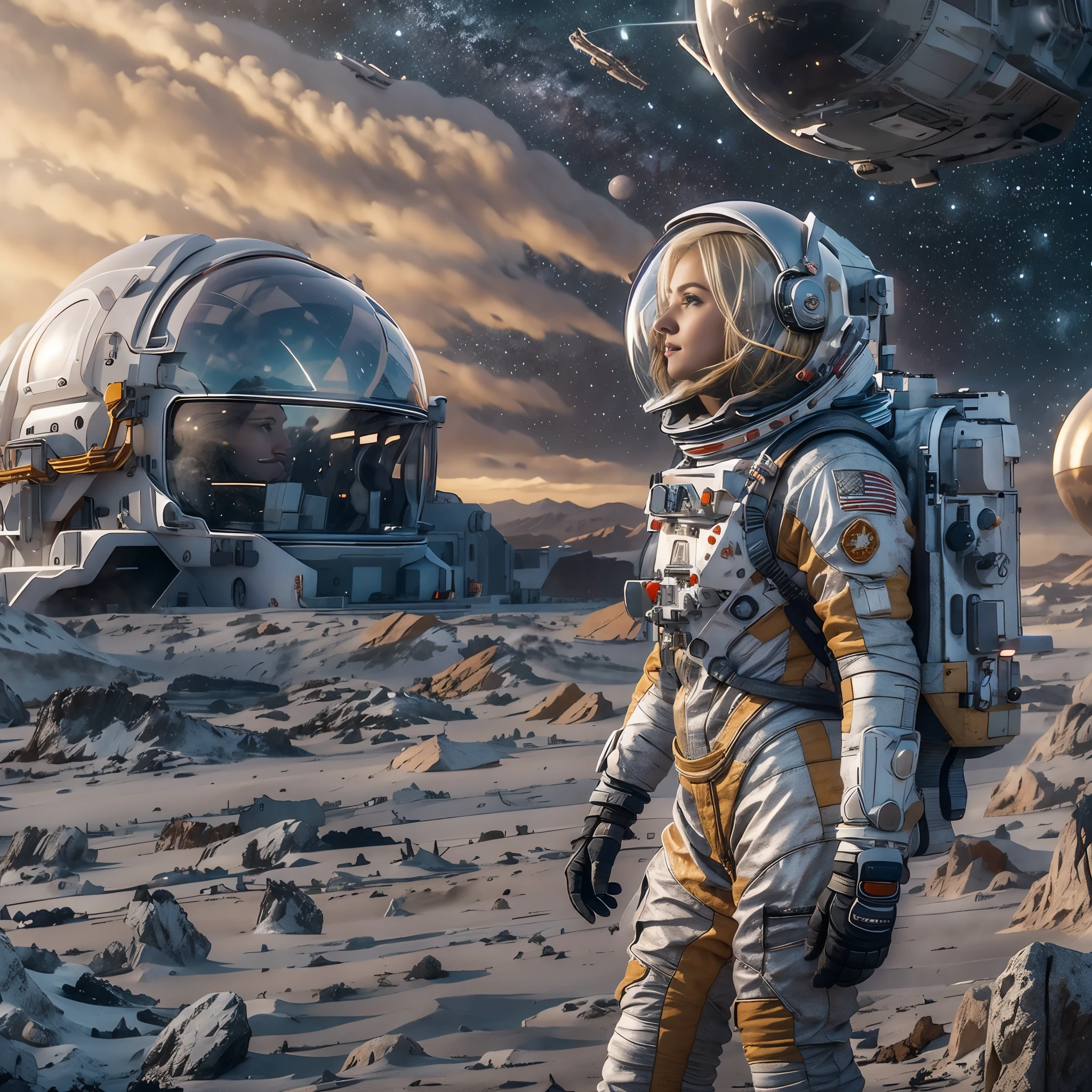 masterpiece, a beautiful blonde german girl lonely astronaut, desolate planetary landscape, space and stars, electric ambiance, utility belt, metallic gray zinc, science fiction, ultra high resolution. Photorealistic, 16k, UHD, HDR, Best quality, skin-tight astronaut suit, intricate, most fantastic details, ROUGH, Dramatic lighting, full body, spaceships in the sky, realistic reflections, sunrise, focus scale, , determined, dynamic posture, a military space complex in the background