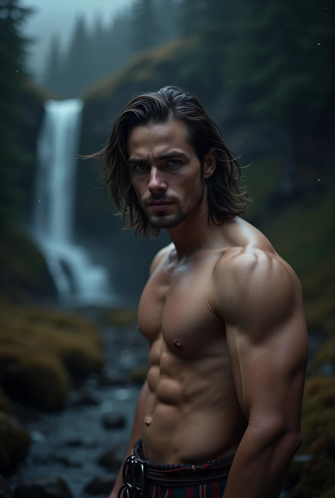 8k, masterpiece, RAW photography, best quality, photorealistic, highly detailed CG unity 8k wallpaper, depth of field, cinematic light, raw, (extremely beautiful and charismatic face, beautiful lips, beautiful eyes), intricately detailed face, (ultra detailed skin), 1 man, in nature, in deep shadows, beautiful young scottish male, (powerfull, very strong and big muscular body:1.3), (topless), (great determined look) :1.3), (shirtless), (highlands, dark night, starry night, blurred background), barechest, tarzan kilt, long black hair, waterfall forrest.