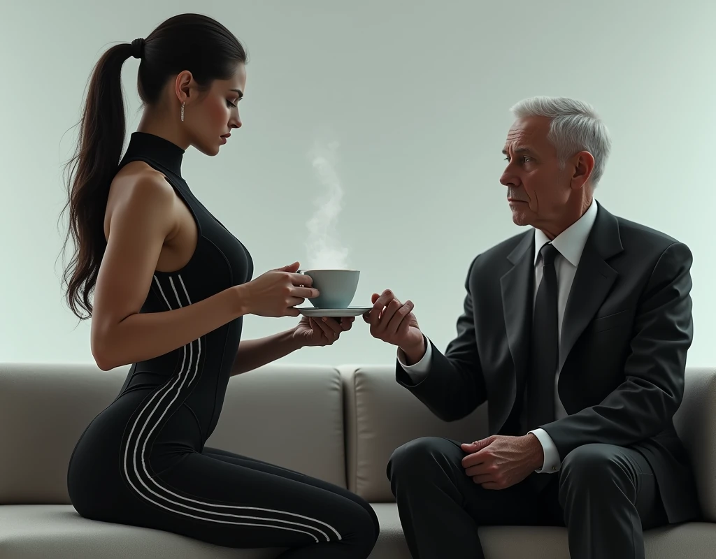 An attractive woman dressed in an white compression wear of futuristic design, long sleeves, serving tea to an old man dressed in a black executive suit seated on a sofa. The woman has an attractive and voluptuous body. The compression wear has elegant beige vertical stripes, that emphasize the curves of the woman's body. The man looks at her with a serious and circumspect expression. 