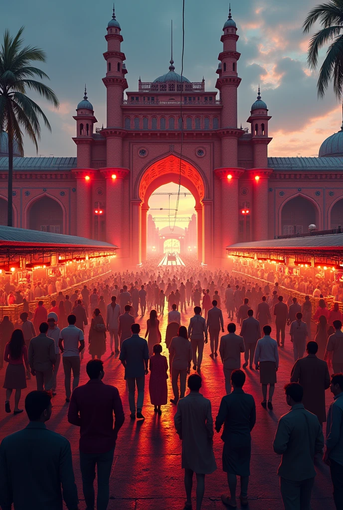 Indian rali with mumbai station with red show light and people group